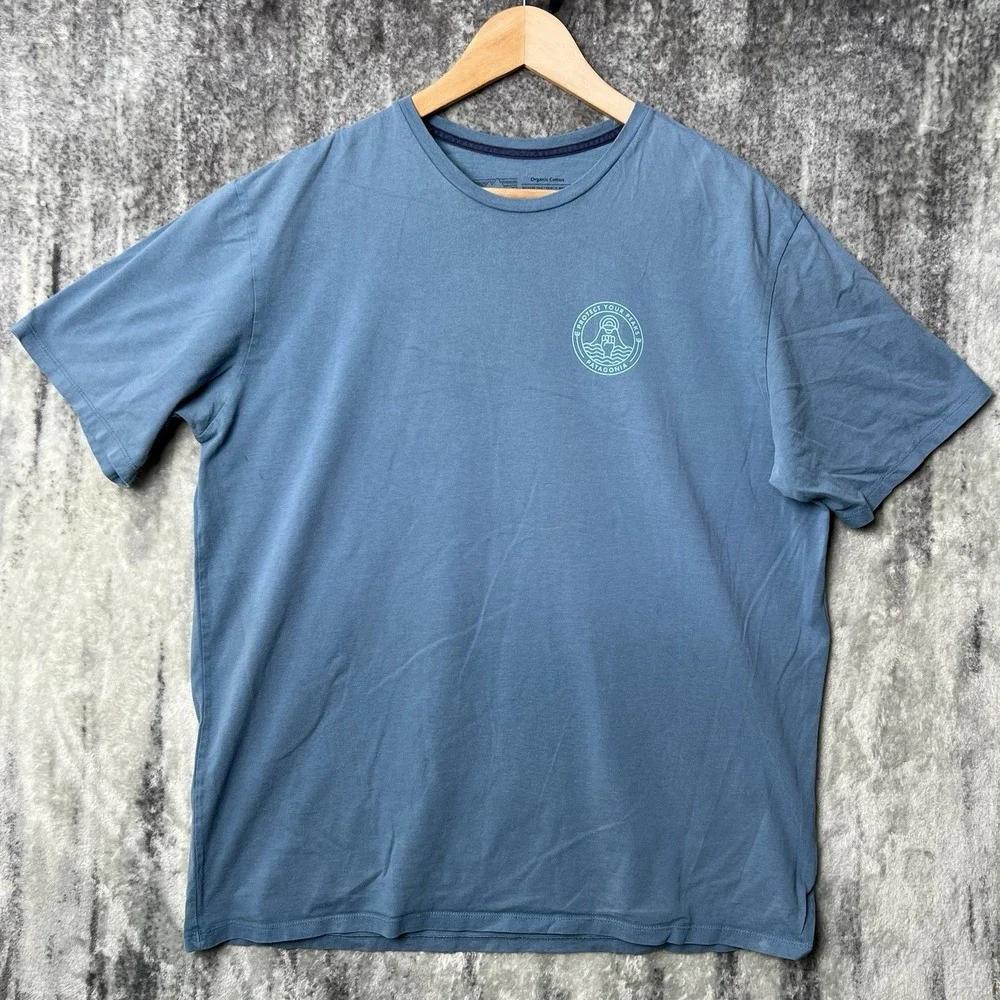 Patagonia Men's L Shirt Blue Protect Your Peaks Organic Tee Crew Outdoor Hiking